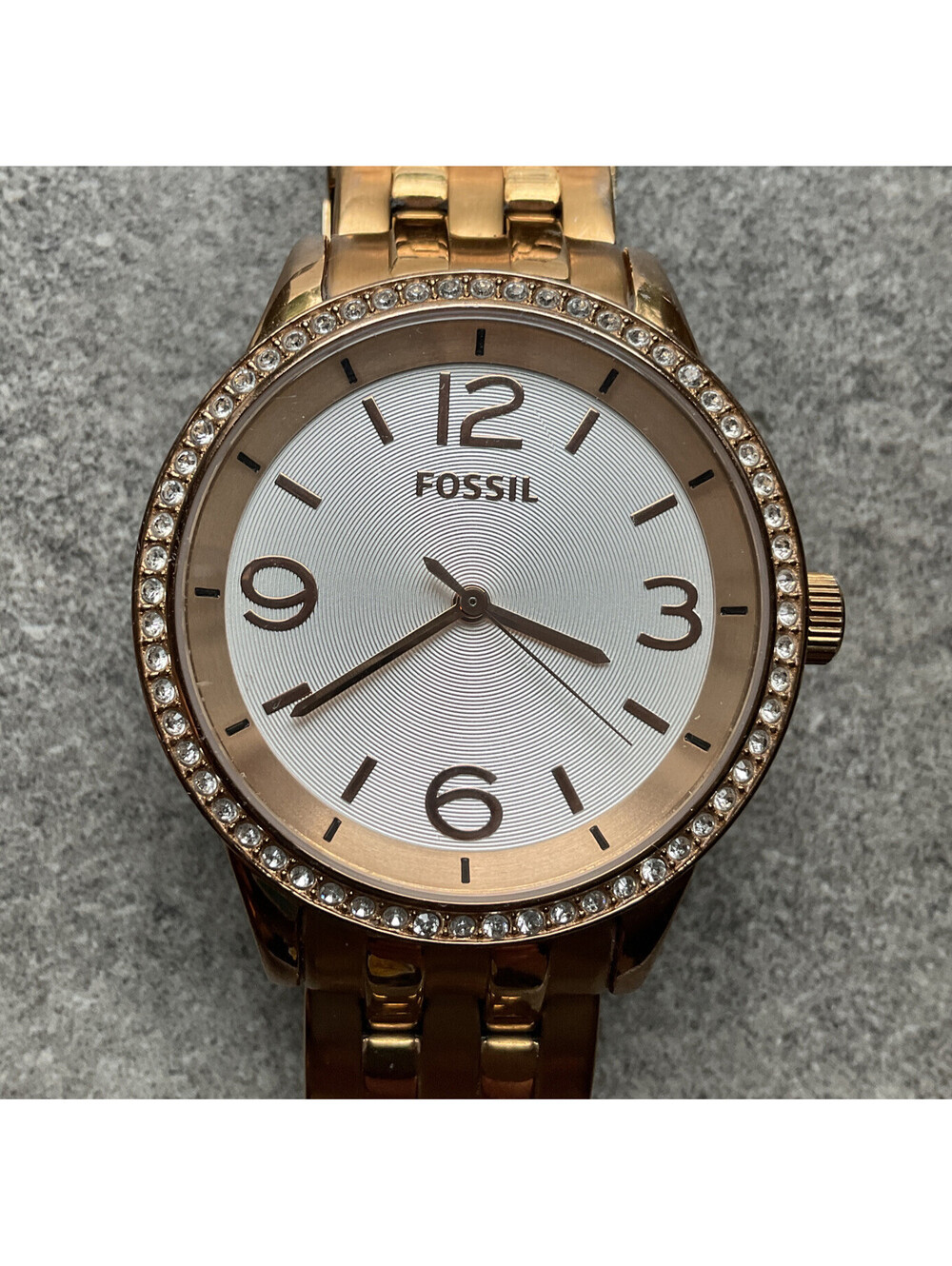 Fossil Womens Watch BQ1759 38mm Rose Gold Tone Case/Band Crystal Accent Bezel D4
